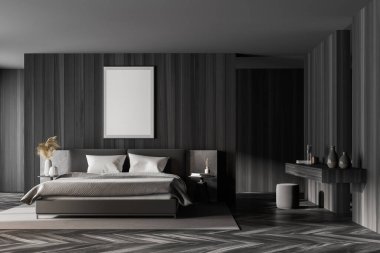 Yatak odası, yastıklar, gri parke döşemeler ve dekorasyonlu güverte. Model fotokopi çerçevesi 3 boyutlu, şık mobilyaları olan uyku odasında.