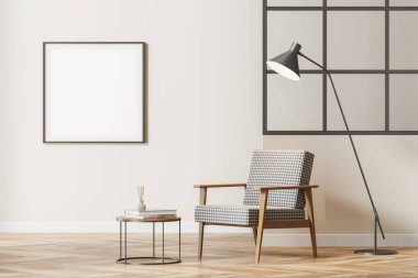 Modern parlak bekleme odası rahat koltuğu, cam kafes bölmesi, bej duvarda boş poster, meşe ağacından parke zemin. Çağdaş minimalist tasarım kavramı. Model yap. 3d oluşturma