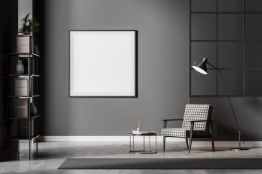 Modern karanlık bekleme odası, rahat koltuk, cam kafes bölmesi, gri duvarda boş poster, beton zemin. Çağdaş minimalist tasarım kavramı. Model yap. 3d oluşturma