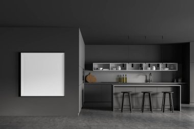 Gri mutfak odası, masa ve bar sandalyeleri, gri beton zemin. Mutfak, içi gri ve beyaz dizaynlı, raf ve mutfak gereçleriyle dolu. Model Kopyalama alanı menüsü posteri, 3B oluşturma