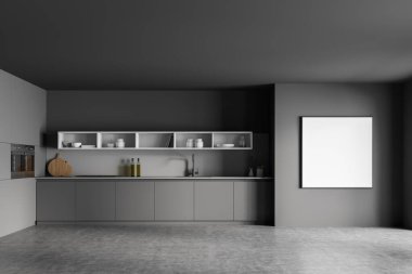 Gri beton zeminli gri mutfak seti. Gri ve beyaz tasarım, raf ve fırın, mutfak gereçleri ile akşam yemeği. Model uzay afişini kopyala, 3B görüntüleme