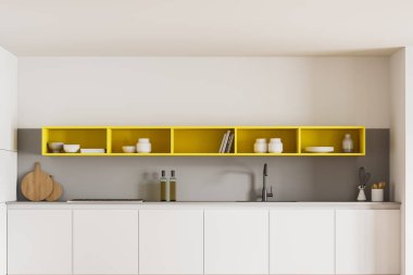 Hafif minimalist mutfak seti, aletler ve raflar, ön manzara. Beyaz ve sarı desenli lüks mutfak, lavabo, bulaşıklar ve kesim tahtası, 3D görüntüleme