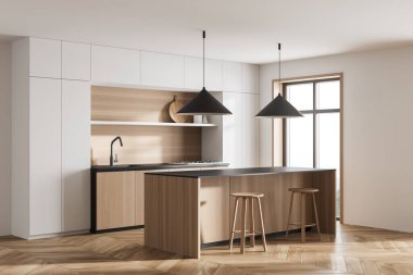 Parlak, rahat mutfak odası manzarası yemek masası, iki bar taburesi, meşe ağacından parke döşeme, elektrikli soba, pencere. Modern İskandinav minimalist tasarımı. Model yap. 3d oluşturma