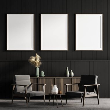 İçi koyu renk oturma odası duvarında üç poster, rahat koltuklar, rahat büfe ve küçük kahve masası. Zemin betondan yapılmış. Model yap. 3d oluşturma