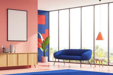 Mavi rahat kanepesi, sehpası ve büfesi olan parlak bir oturma odası. Pembe duvar bir posterle süslenmiş. Panoramik pencerenin harika bir kırsal manzarası var. Model yap. 3d oluşturma