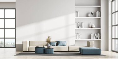 Çağdaş oturma odası içi boş beyaz duvar, kırsal manzaralı panoramik pencere, rahat bej kanepe, kitaplık. Modern ev kütüphanesi tasarımı konsepti. Model yap. 3d oluşturma