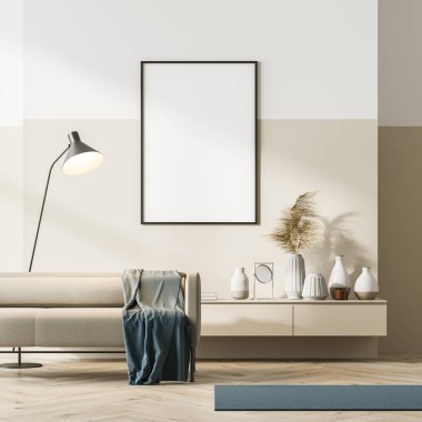 Parlak çağdaş bekleme odası bej kanepesi ve meşe ağacından parke zemininde büfe ve beyaz duvarda boş çerçeveli poster. Modern İskandinav apartman konsepti. Model yap. 3d oluşturma