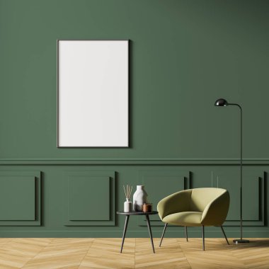 Oturma odasının içinde yeşil duvarda bir poster, rahat bir bej koltuk ve küçük rahat bir sehpa var. Zemin meşe ağacından parkeden yapılmıştır. Minimalist stil tasarımı. Model yap. 3d oluşturma