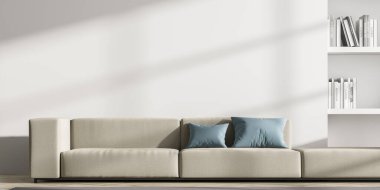 Modern bekleme odası içi boş beyaz duvar, büyük rahat kanepe, meşe ağacından parke zemin ve kitaplık. Çağdaş İskandinav minimalist tasarım konsepti. Model yap. 3d oluşturma