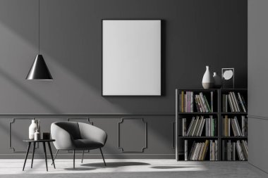 Rahat bir bekleme odası, sol tarafında rahat bir koltuk, gri duvarda boş bir poster ve sağında kitaplık. Meşe ağacından parke. Minimalist stil tasarımı. Model yap. 3d oluşturma