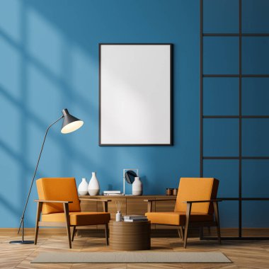 Çağdaş bekleme odası içinde iki rahat koltuk, cam kafes bölmesi, döşeme duvarında boş bir poster, meşe ağacından parke zemin. Modern minimalist tasarım. Model yap. 3d oluşturma