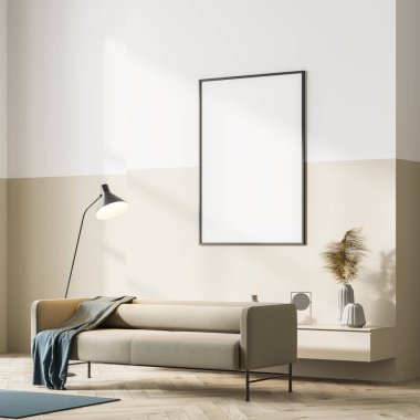 Parlak İskandinav oturma odasının iç tarafı meşe ağacından parke zeminde bej kanepe ve beyaz duvarda boş çerçeveli poster. Konforlu dairenin modern tasarımı. Model yap. 3d oluşturma