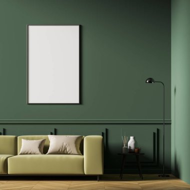 İskandinav oturma odasının içinde meşe ağacından parke zemininde bej bir kanepe, küçük, rahat bir sehpa ve yeşil duvarda beyaz bir poster var. Minimalist stil tasarımı. Model yap. 3d oluşturma