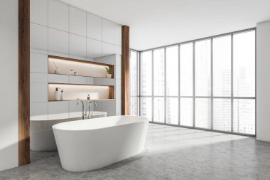 Beyaz küveti, aksesuarları, jelleri ve sabunu olan bir banyo. Beton zemin ve panoramik pencereli ayna duvarı, yan görüş. Modern stil oda iç mimarisi, 3D görüntüleme