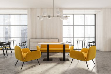 Sarı sandalyeli, masalı ve gökdelenler manzaralı pencereli modern lüks bir kafe. Beton zemin ve kamu restoranının minimalist tasarımı. 3B görüntüleme