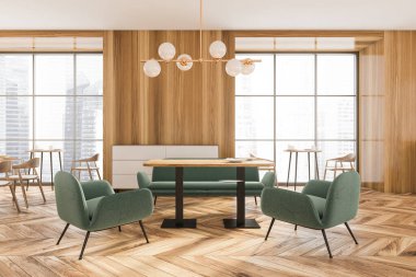 Yeşil sandalyeli, masalı ve gökdelenler manzaralı pencereli modern lüks bir kafe. Parke zemin ve kamu restoranının minimalist tasarımı. 3B görüntüleme