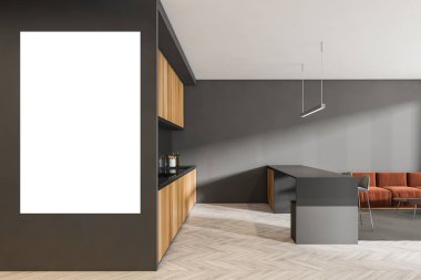 Masası ve bar sandalyeleri olan karanlık mutfak odası, açık ahşap zemin. Kanepe ile mutfak iç mimarisi, taklit alan çerçeve afişi siyah duvarda, 3D görüntüleme