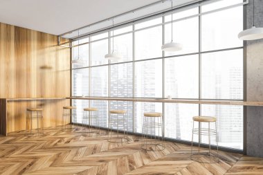 Bar sandalyeli, yan manzaralı, gökdelenlere bakan panoramik pencereli modern bir kafe. Parke zemin ve duvar, kamu restoranının minimalist tasarımı. 3B görüntüleme