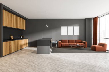 Kahverengi kanepe ve mutfak seti, halı ve panoramik pencereli şehir manzaralı ev. Minimalist aydınlatma odası, beyaz parke zemin, kanepenin üstünde üç tane kopya alanı çerçevesi, üç boyutlu görüntüleme