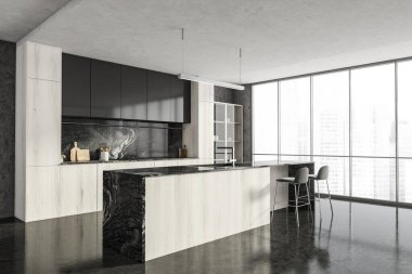 Siyah mutfak seti, beyaz ahşap masa ve iki bar sandalyesi, siyah beton zemin ve pencere. Minimalist mobilyalar, yan görüş, mutfak gereçleri ve dolap, 3D görüntüleme.