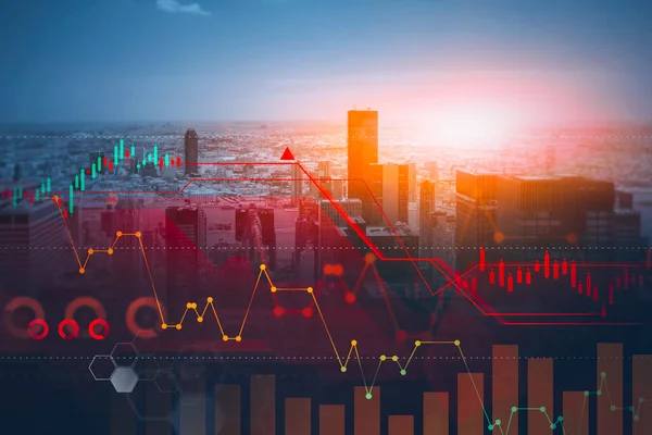 Panoramic view of New York financial city center. Sunrise on the skyline. Forex candlestick, graph and diagram in the foreground. Concept of stock market share price falling