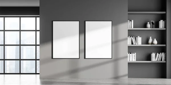 Modern art gallery room interior with two empty white poster on grey wall, panoramic window with Singapore city center view. Contemporary minimalist design concept. Mock up. 3d rendering