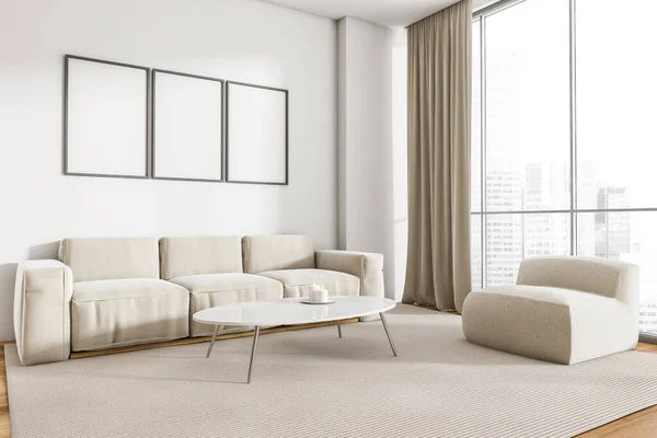 Home interior with white couch and ottoman on carpet, coffee table with candle. Minimalist light room with city view, side view, three mockup copy space frames above sofa, 3D rendering