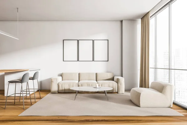 Home interior with white couch and bar chairs, carpet and panoramic windows with city view. Minimalist light room with three mockup copy space frames above sofa, 3D rendering