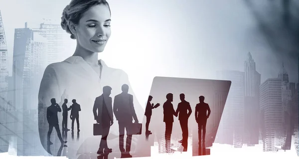 Office woman with laptop, business partners, businessman with suitcases, network connection. Concept of modern office and teamwork in a big company, double exposure with buildings