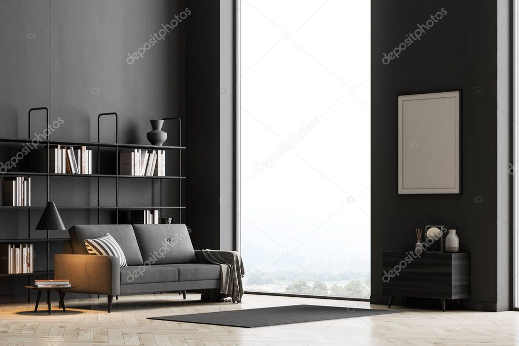 Corner view at bright living room interior with black walls, comfortable sofa, poster, sideboard and wooden parquet. Large panoramic window has a picturesque countryside view. Mock up. 3d rendering