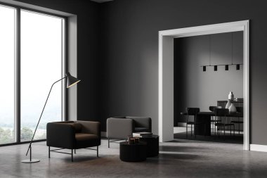 İçi koyu gri oturma odası. Lambalı, yan manzaralı, kırsal ve yemek odalı iki klasik koltuk. Kitaplı kahve masası, beton zeminli şık bir daire, 3D çizim.