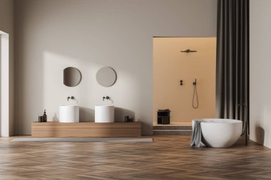 Beyaz lavabolu, yuvarlak aynalı, ön manzaralı bir banyo. Havlulu beyaz küvet ve arka planda duş, parke zemin, üç boyutlu görüntüleme