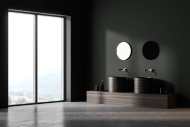 İki ayrı lavabo, iki adet jöle şişesi, iki yuvarlak ayna, yan manzara, kırsal bir pencere. Beton zeminli modern banyonun minimalist tasarımı, 3 boyutlu.