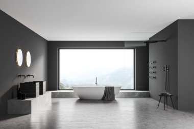 Beton zeminli gri banyo, beyaz küvet ve aynalı iki lavabo, ön manzara. Havlulu duş ve sandalye, kırsal manzaralı pencere, 3D görüntüleme