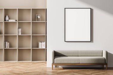 Kanepe, kitap ve dekorasyonlu kitaplık ve parke zeminli okuma odası olan modern oturma odası. Boş çerçeve duvarda, 3B oluşturma