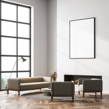 Oturma odasının içinde şömine, iki koltuk ve kanepe, yan manzara, kırsal pencere. Halıdaki sehpa, parke zemin. Kitap rafı ile okuma odasında boş duvar, 3B görüntüleme