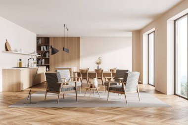 Mutfağın içi açık ahşap, mutfak eşyaları, koltuklar ve sandalyeli yemek masası. Kırsal görünümü ve parke zemini olan pencereler, 3B oluşturma