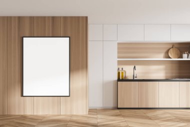Parlak, rahat mutfak odası içi duvarında beyaz bir poster, meşe ağacından parke zemin, elektrikli tencere, zeytinyağı şişeleri. Modern İskandinav minimalist tasarımı. Model yap. 3d oluşturma