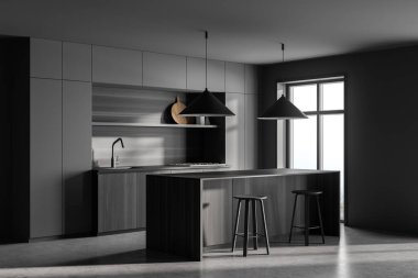 Koyu renk mutfak odası manzarası yemek masası, iki bar taburesi, beton zemin, elektrikli ocak ve pencere. Çağdaş İskandinav minimalist tasarımı. Model yap. 3d oluşturma