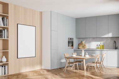 Yemek masası, dolap, gardıropta boş beyaz poster, meşe ağacından parke zemin. Modern İskandinav minimalist tasarımı. Model yap. 3d oluşturma