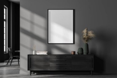 Karanlık, rahat bir oturma odası büyük pencereli, duvarında beyaz bir poster, büfe, sandalye ve beton zemin üzerinde bir masa. Minimalist İskandinav tasarımı. Model yap. 3d oluşturma