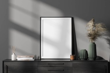 İçerisi karanlık, rahat oturma odası çerçevesinde büyük beyaz bir poster, kitap ve vazo ve ahşap büfede saksısı olan bir vazo. Minimalist İskandinav tasarımı. Model yap. 3d oluşturma