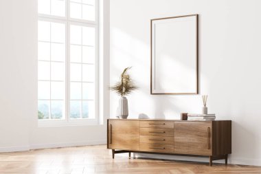 Işıl ışıl oturma odasının içi geniş pencereli, duvarında beyaz boş poster ve meşe ağacından parke zemininde büfe var. Moda minimalist İskandinav tasarımı. Model yap. 3d oluşturma