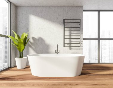 Beyaz küvetin içinde ahşap zemin ve ısıtılmış havlu korkuluklarıyla banyo yapmak. Şehir manzaralı panoramik pencere, bitki ve gri duvarlı modern oda, 3D görüntüleme