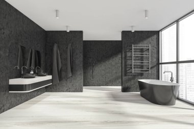 İçi aydınlık parke kaplı karanlık banyo, gri banyo küveti ve aynalı iki lavabo. Gökdelenlerde şehir manzaralı pencere kenarındaki duş ve ısıtılmış havlu tırabzanı, 3D görüntüleme