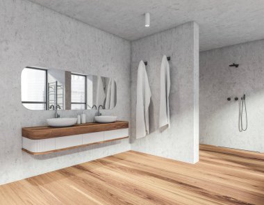 Ahşap ve gri banyo döşemesi parke döşemeli, iki lavabo aynalı. Duş ve ısıtılmış havlu tırabzanı ve bölmenin arkasında minimalist duş, iki banyo havlusu, üç boyutlu görüntüleme.