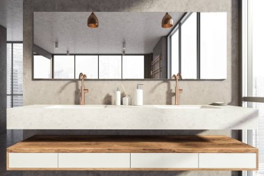 İki lavabo ve lambalı büyük ayna, şehir manzaralı panoramik pencere, minimalist mobilyalı gri modern oda, 3 boyutlu görüntüleme.