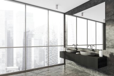 Lavabolarla banyo yapmak ve büyük aynalar, lambalar, yan görüş, gri beton zemin ve panoramik pencere şehir manzaralı ve güneş ışığı, minimalist mobilyalı gri modern oda, 3D görüntüleme