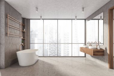Gri zeminde beyaz küvetle banyo yapmak ve aynalı iki lavabo, ısıtılmış havlu tırabzanı. Şehir manzaralı panoramik pencere, gri duvarlı minimalist oda, 3D görüntüleme