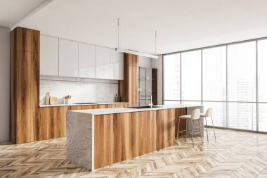 Açık mutfak seti, ahşap masa ve iki beyaz bar sandalyesi, ahşap zemin. Minimalist mobilyalar, yan görüş, mutfak gereçleri, raflar ve pencereler, 3D görüntüleme